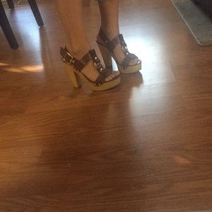 Two pairs of platform sandal heels black & brown